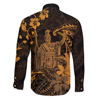 Hawaii King Kamehameha Day Family Matching Off The Shoulder Long Sleeve Dress and Hawaiian Shirt Polynesian Pattern Mix Hibiscus Gold LT05 - Polynesian Pride