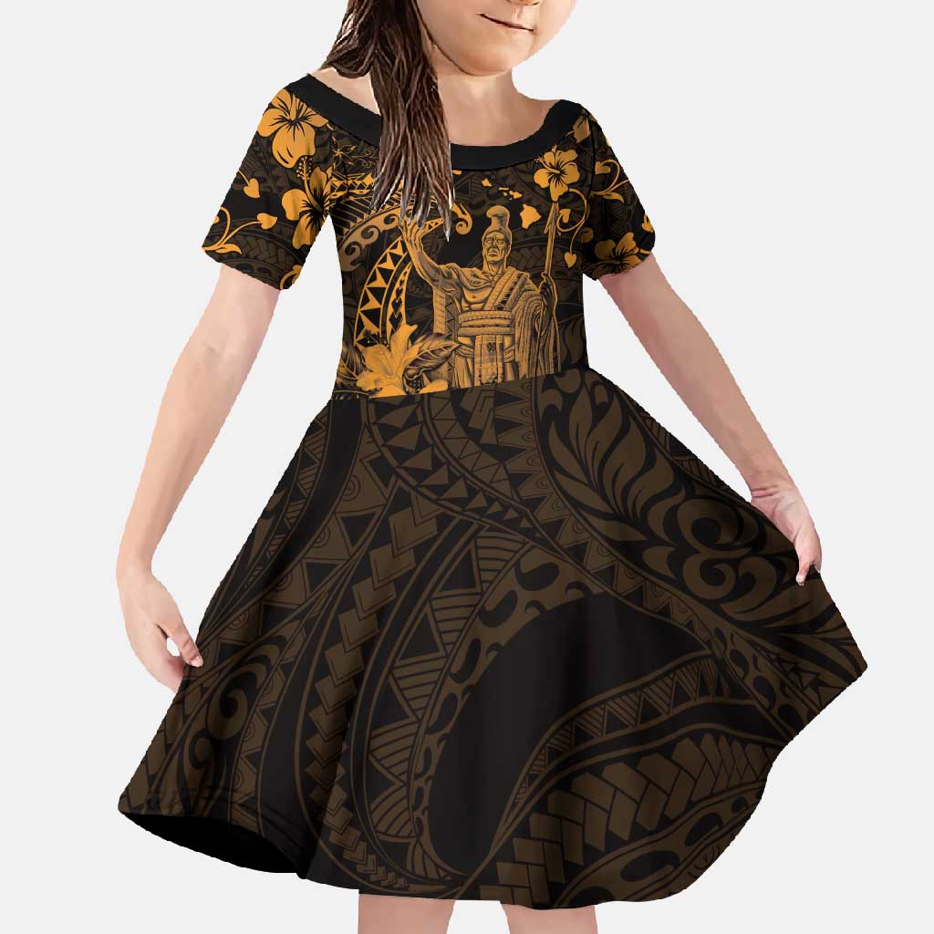 Hawaii King Kamehameha Day Family Matching Off Shoulder Maxi Dress and Hawaiian Shirt Polynesian Pattern Mix Hibiscus Gold LT05 Daughter's Dress Gold - Polynesian Pride