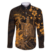 Hawaii King Kamehameha Day Family Matching Off Shoulder Maxi Dress and Hawaiian Shirt Polynesian Pattern Mix Hibiscus Gold LT05 Dad's Shirt - Long Sleeve Gold - Polynesian Pride