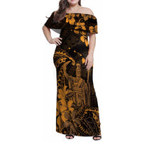 Hawaii King Kamehameha Day Family Matching Off Shoulder Maxi Dress and Hawaiian Shirt Polynesian Pattern Mix Hibiscus Gold LT05 Mom's Dress Gold - Polynesian Pride