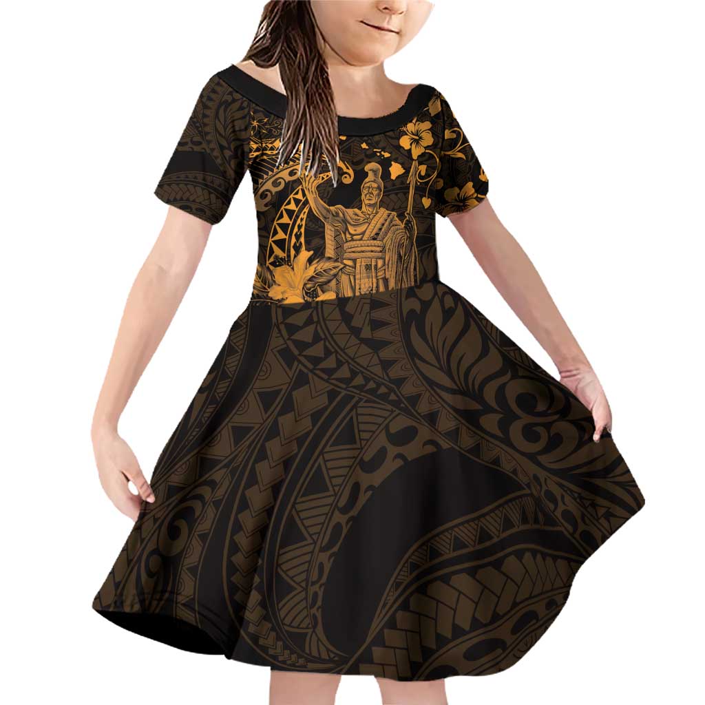 Hawaii King Kamehameha Day Family Matching Off Shoulder Short Dress and Hawaiian Shirt Polynesian Pattern Mix Hibiscus Gold LT05 Daughter's Dress Gold - Polynesian Pride