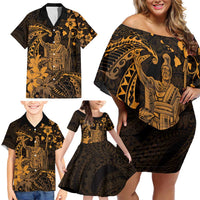 Hawaii King Kamehameha Day Family Matching Off Shoulder Short Dress and Hawaiian Shirt Polynesian Pattern Mix Hibiscus Gold LT05 - Polynesian Pride