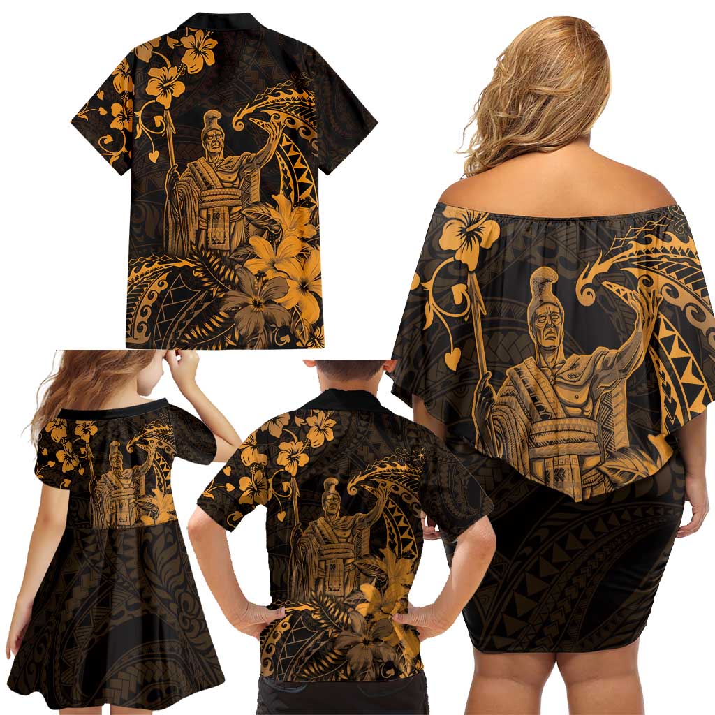 Hawaii King Kamehameha Day Family Matching Off Shoulder Short Dress and Hawaiian Shirt Polynesian Pattern Mix Hibiscus Gold LT05 - Polynesian Pride