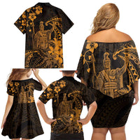 Hawaii King Kamehameha Day Family Matching Off Shoulder Short Dress and Hawaiian Shirt Polynesian Pattern Mix Hibiscus Gold LT05 - Polynesian Pride