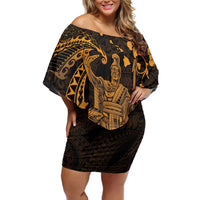 Hawaii King Kamehameha Day Family Matching Off Shoulder Short Dress and Hawaiian Shirt Polynesian Pattern Mix Hibiscus Gold LT05 Mom's Dress Gold - Polynesian Pride