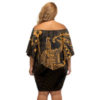 Hawaii King Kamehameha Day Family Matching Off Shoulder Short Dress and Hawaiian Shirt Polynesian Pattern Mix Hibiscus Gold LT05 - Polynesian Pride