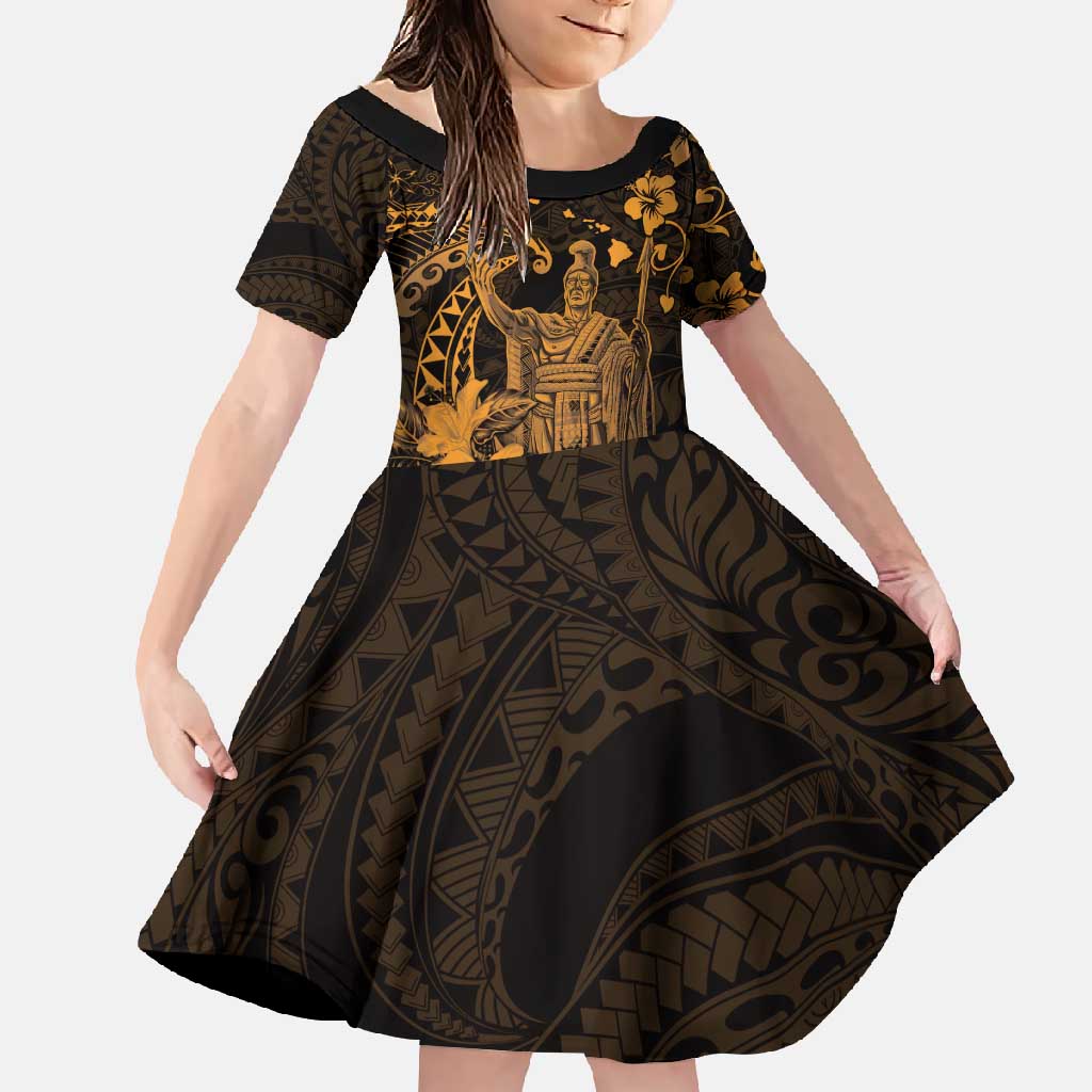 Hawaii King Kamehameha Day Family Matching Short Sleeve Bodycon Dress and Hawaiian Shirt Polynesian Pattern Mix Hibiscus Gold LT05 Daughter's Dress Gold - Polynesian Pride