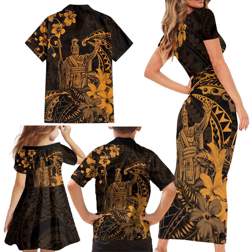 Hawaii King Kamehameha Day Family Matching Short Sleeve Bodycon Dress and Hawaiian Shirt Polynesian Pattern Mix Hibiscus Gold LT05 - Polynesian Pride