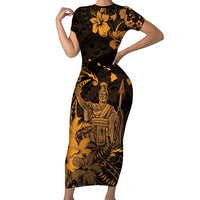 Hawaii King Kamehameha Day Family Matching Short Sleeve Bodycon Dress and Hawaiian Shirt Polynesian Pattern Mix Hibiscus Gold LT05 Mom's Dress Gold - Polynesian Pride