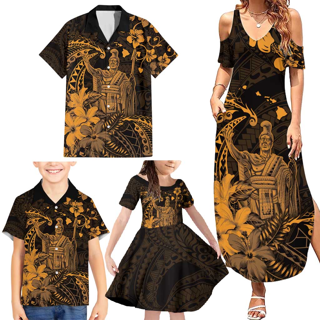 Hawaii King Kamehameha Day Family Matching Summer Maxi Dress and Hawaiian Shirt Polynesian Pattern Mix Hibiscus Gold LT05 - Polynesian Pride