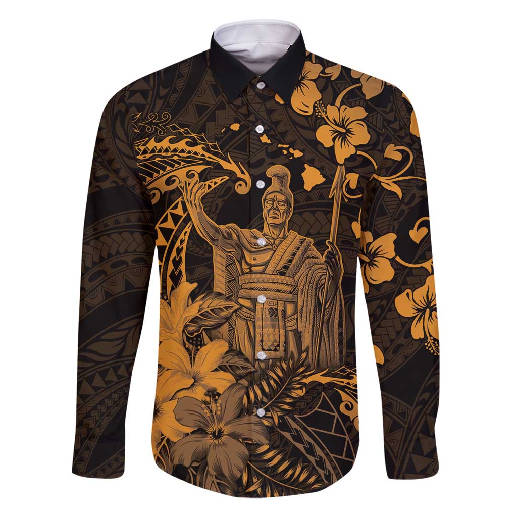Hawaii King Kamehameha Day Family Matching Summer Maxi Dress and Hawaiian Shirt Polynesian Pattern Mix Hibiscus Gold LT05 Dad's Shirt - Long Sleeve Gold - Polynesian Pride