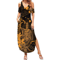 Hawaii King Kamehameha Day Family Matching Summer Maxi Dress and Hawaiian Shirt Polynesian Pattern Mix Hibiscus Gold LT05 Mom's Dress Gold - Polynesian Pride