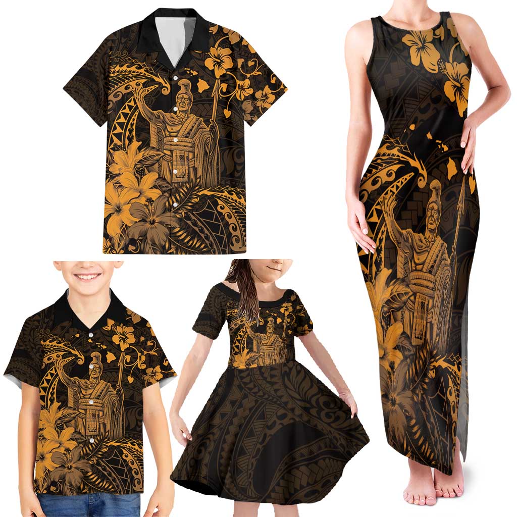 Hawaii King Kamehameha Day Family Matching Tank Maxi Dress and Hawaiian Shirt Polynesian Pattern Mix Hibiscus Gold LT05 - Polynesian Pride