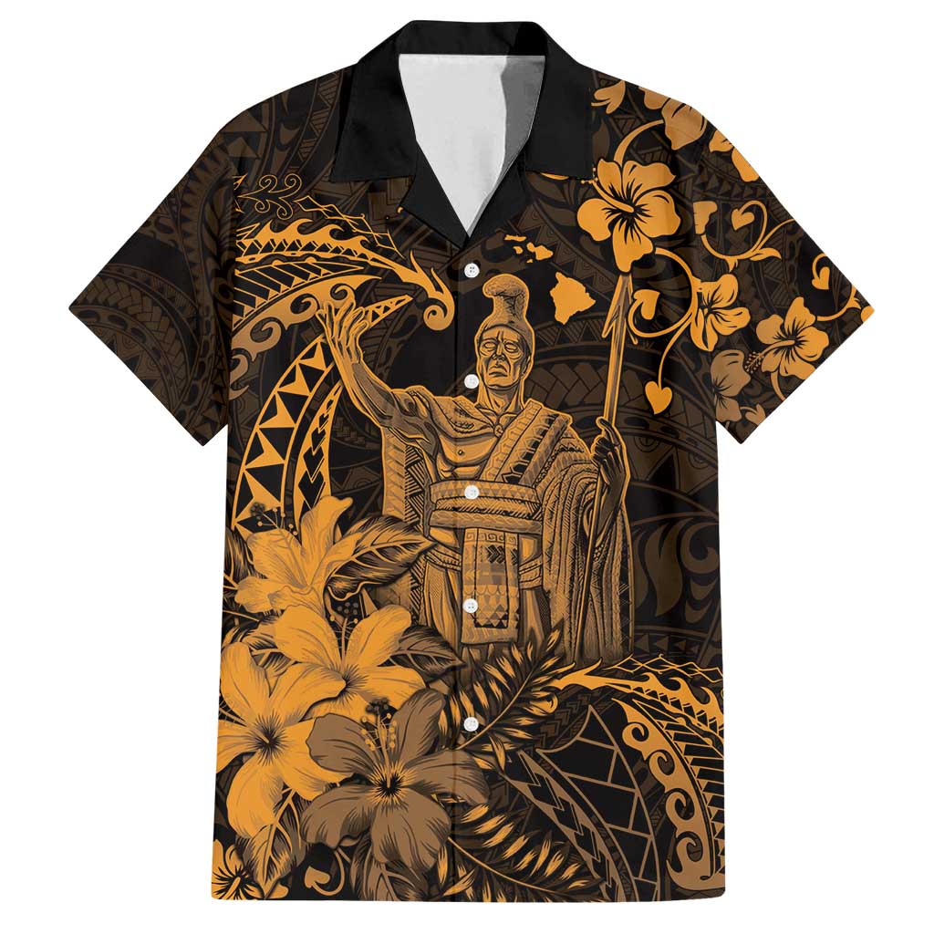 Hawaii King Kamehameha Day Family Matching Tank Maxi Dress and Hawaiian Shirt Polynesian Pattern Mix Hibiscus Gold LT05 Dad's Shirt - Short Sleeve Gold - Polynesian Pride