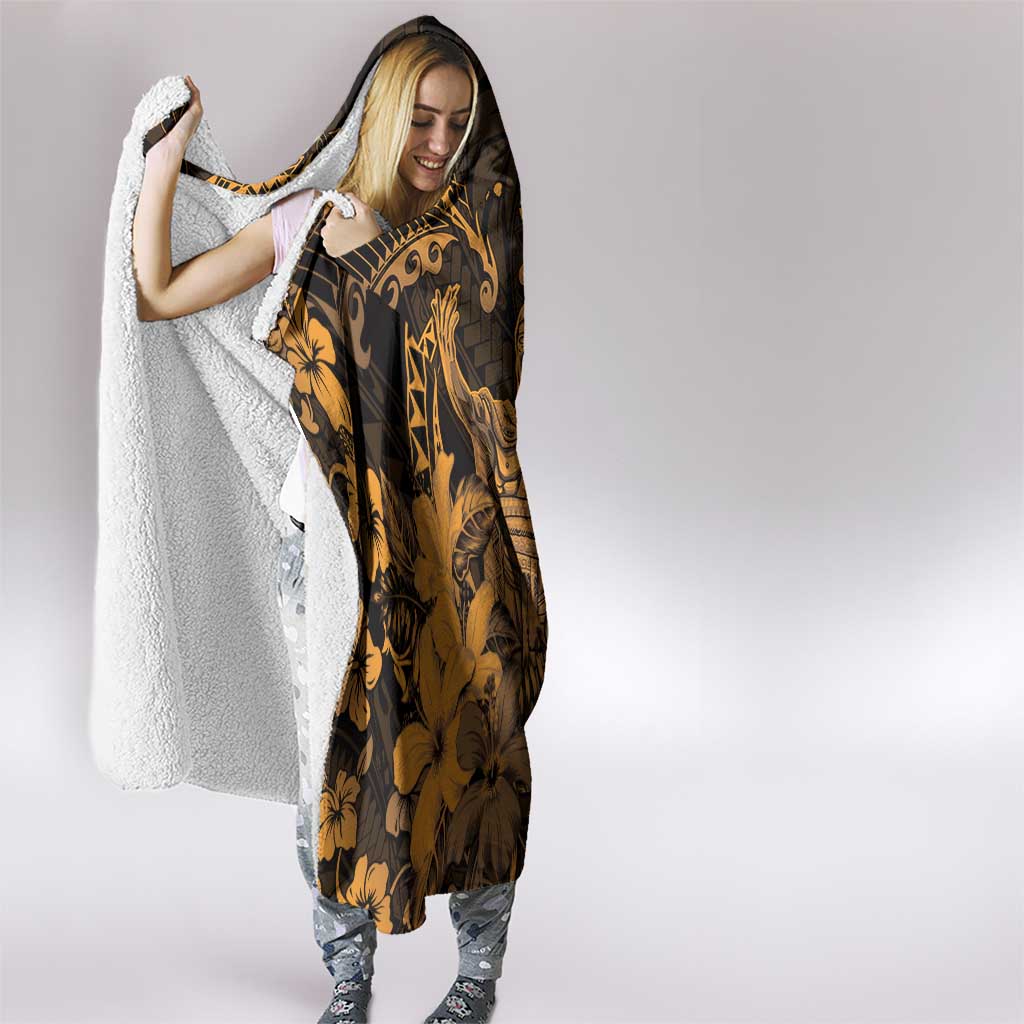Hawaii King Kamehameha Day Hooded Blanket Polynesian Pattern Mix Hibiscus Gold