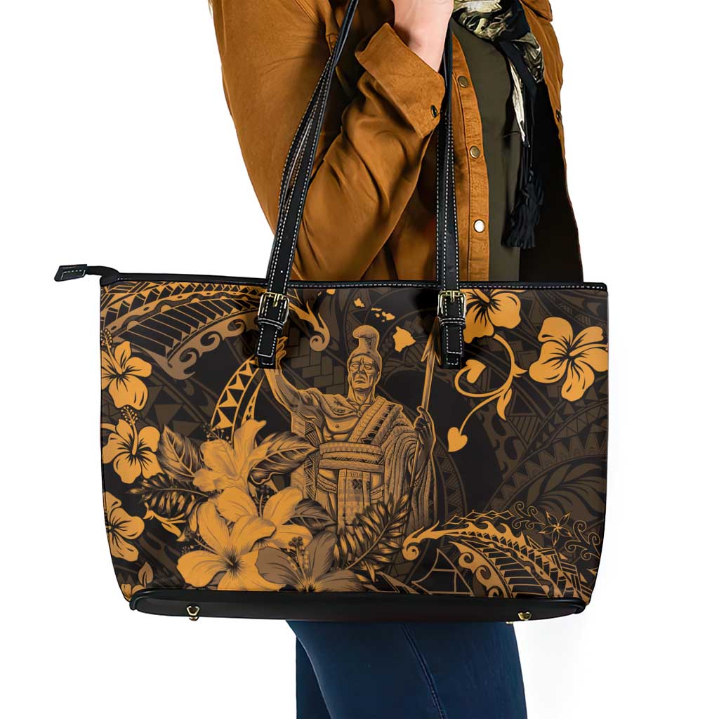 Hawaii King Kamehameha Day Leather Tote Bag Polynesian Pattern Mix Hibiscus Gold