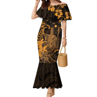 Hawaii King Kamehameha Day Mermaid Dress Polynesian Pattern Mix Hibiscus Gold LT05 Women Gold - Polynesian Pride