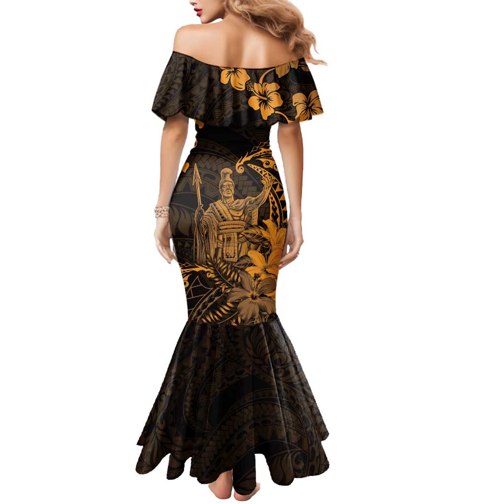 Hawaii King Kamehameha Day Mermaid Dress Polynesian Pattern Mix Hibiscus Gold LT05 - Polynesian Pride