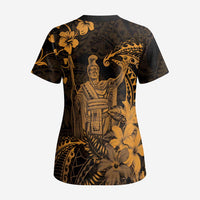 Hawaii King Kamehameha Day Scrub Top Polynesian Pattern Mix Hibiscus Gold - Polynesian Pride