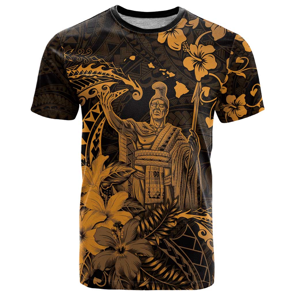 Hawaii King Kamehameha Day T Shirt Polynesian Pattern Mix Hibiscus Gold