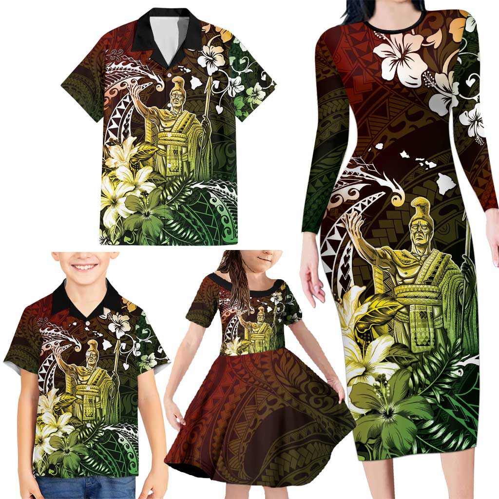 Hawaii King Kamehameha Day Family Matching Long Sleeve Bodycon Dress and Hawaiian Shirt Polynesian Pattern Mix Hibiscus Reggae LT05 - Polynesian Pride