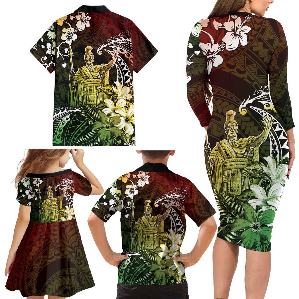 Hawaii King Kamehameha Day Family Matching Long Sleeve Bodycon Dress and Hawaiian Shirt Polynesian Pattern Mix Hibiscus Reggae LT05 - Polynesian Pride