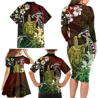 Hawaii King Kamehameha Day Family Matching Long Sleeve Bodycon Dress and Hawaiian Shirt Polynesian Pattern Mix Hibiscus Reggae LT05 - Polynesian Pride