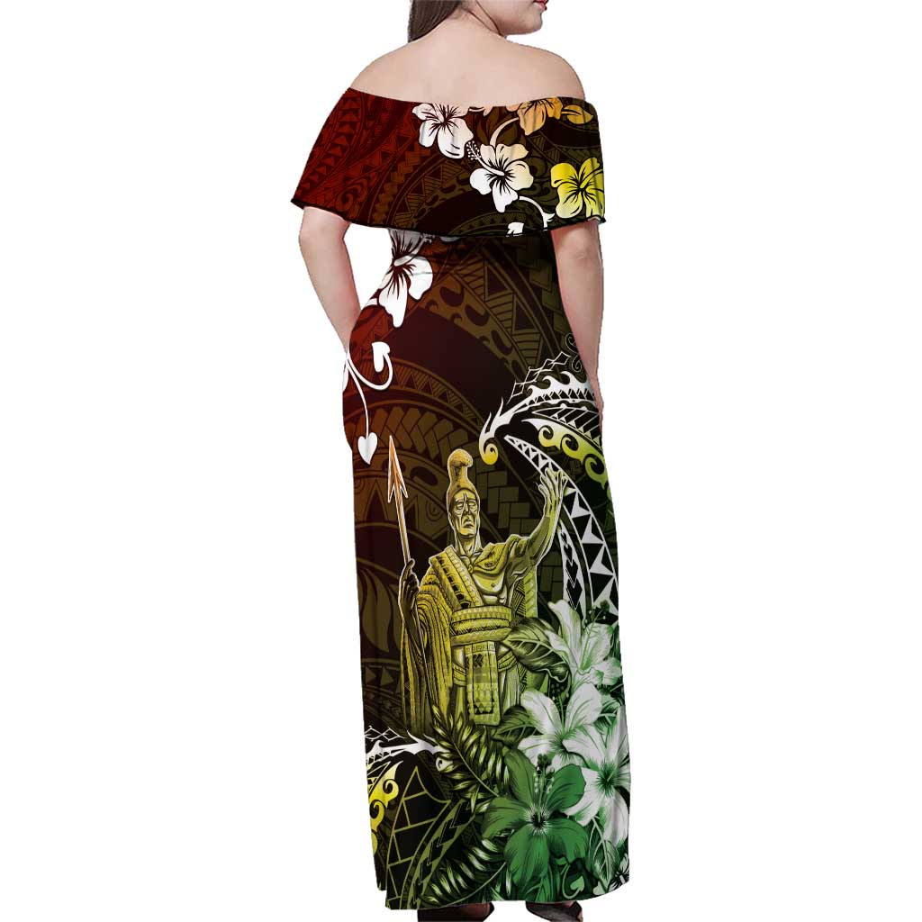 Hawaii King Kamehameha Day Family Matching Off Shoulder Maxi Dress and Hawaiian Shirt Polynesian Pattern Mix Hibiscus Reggae