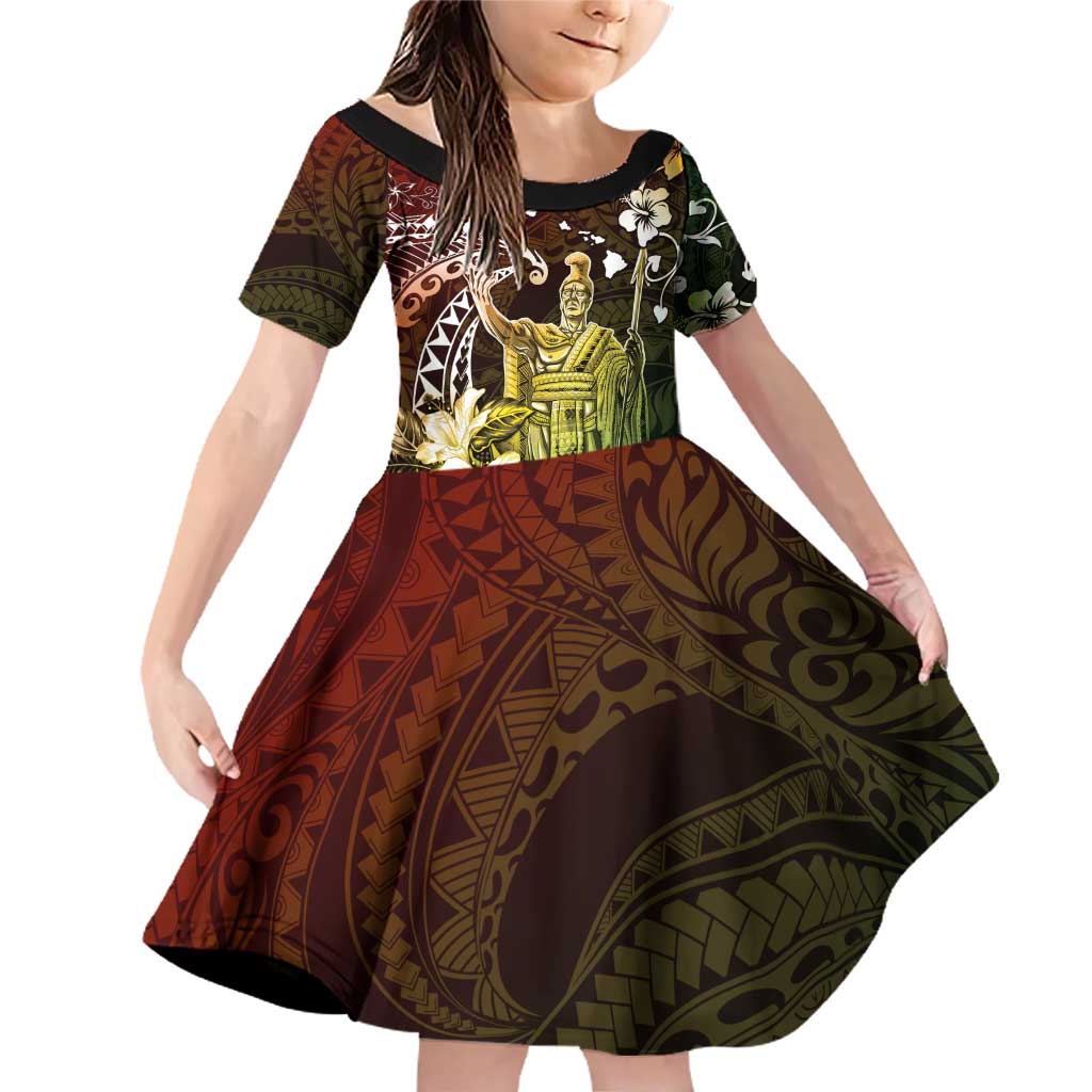 Hawaii King Kamehameha Day Family Matching Off Shoulder Short Dress and Hawaiian Shirt Polynesian Pattern Mix Hibiscus Reggae