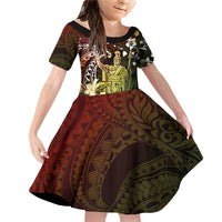Hawaii King Kamehameha Day Family Matching Off Shoulder Short Dress and Hawaiian Shirt Polynesian Pattern Mix Hibiscus Reggae