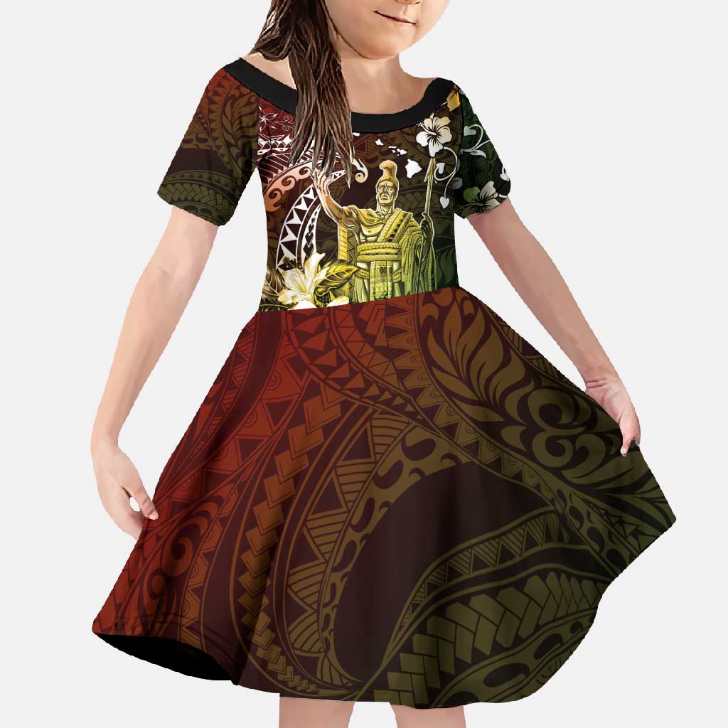 Hawaii King Kamehameha Day Family Matching Short Sleeve Bodycon Dress and Hawaiian Shirt Polynesian Pattern Mix Hibiscus Reggae LT05 Daughter's Dress Reggae - Polynesian Pride
