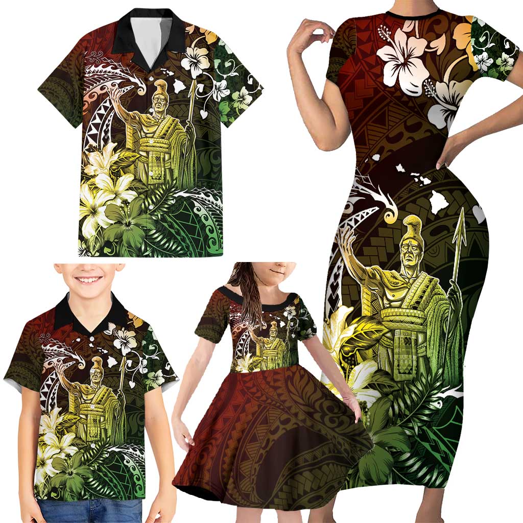 Hawaii King Kamehameha Day Family Matching Short Sleeve Bodycon Dress and Hawaiian Shirt Polynesian Pattern Mix Hibiscus Reggae LT05 - Polynesian Pride