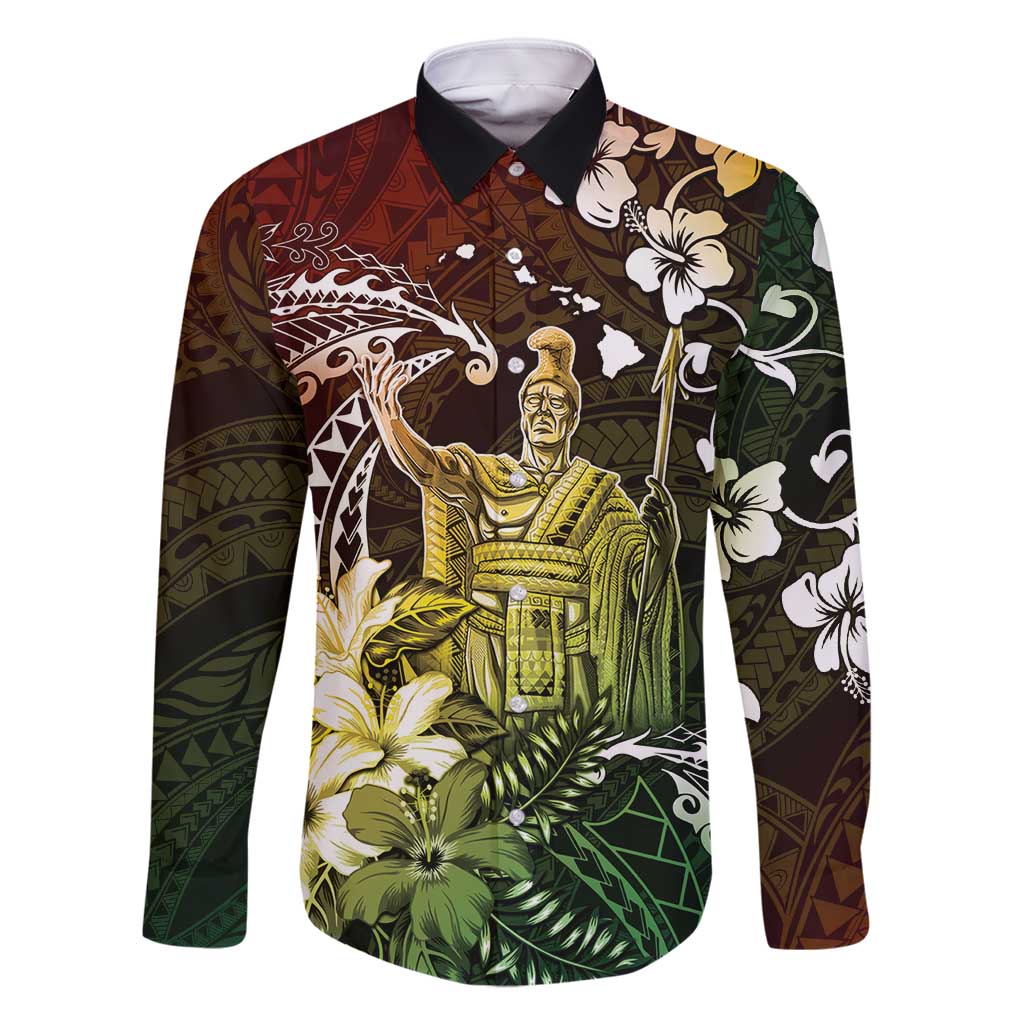 Hawaii King Kamehameha Day Family Matching Tank Maxi Dress and Hawaiian Shirt Polynesian Pattern Mix Hibiscus Reggae LT05 Dad's Shirt - Long Sleeve Reggae - Polynesian Pride