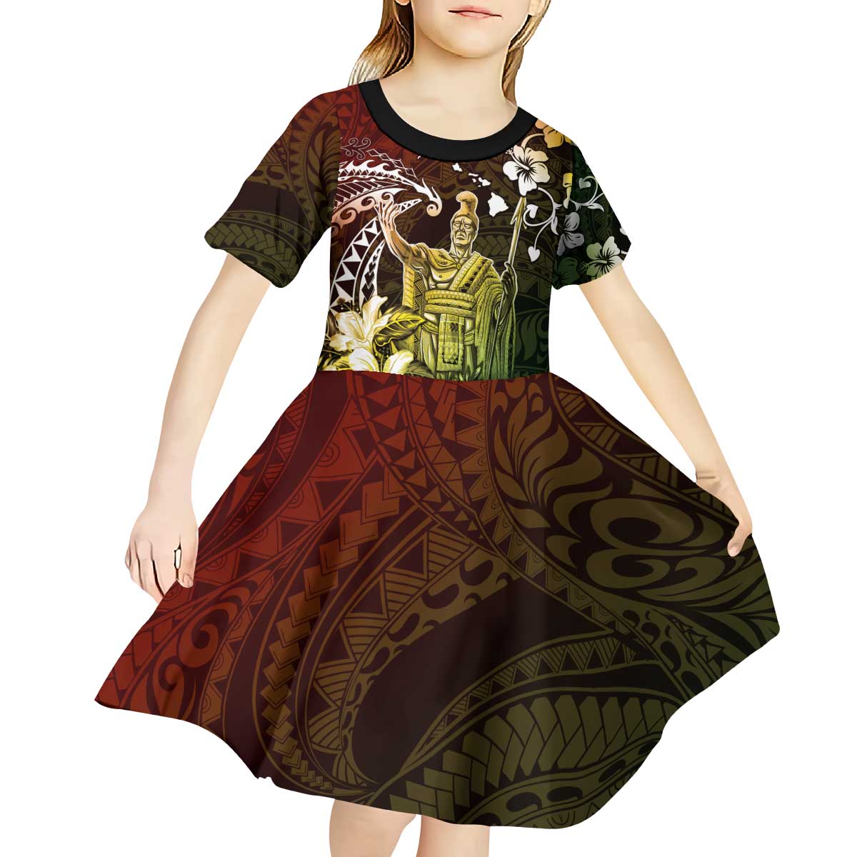 Hawaii King Kamehameha Day Kid Short Sleeve Dress Polynesian Pattern Mix Hibiscus Reggae LT05 - Polynesian Pride