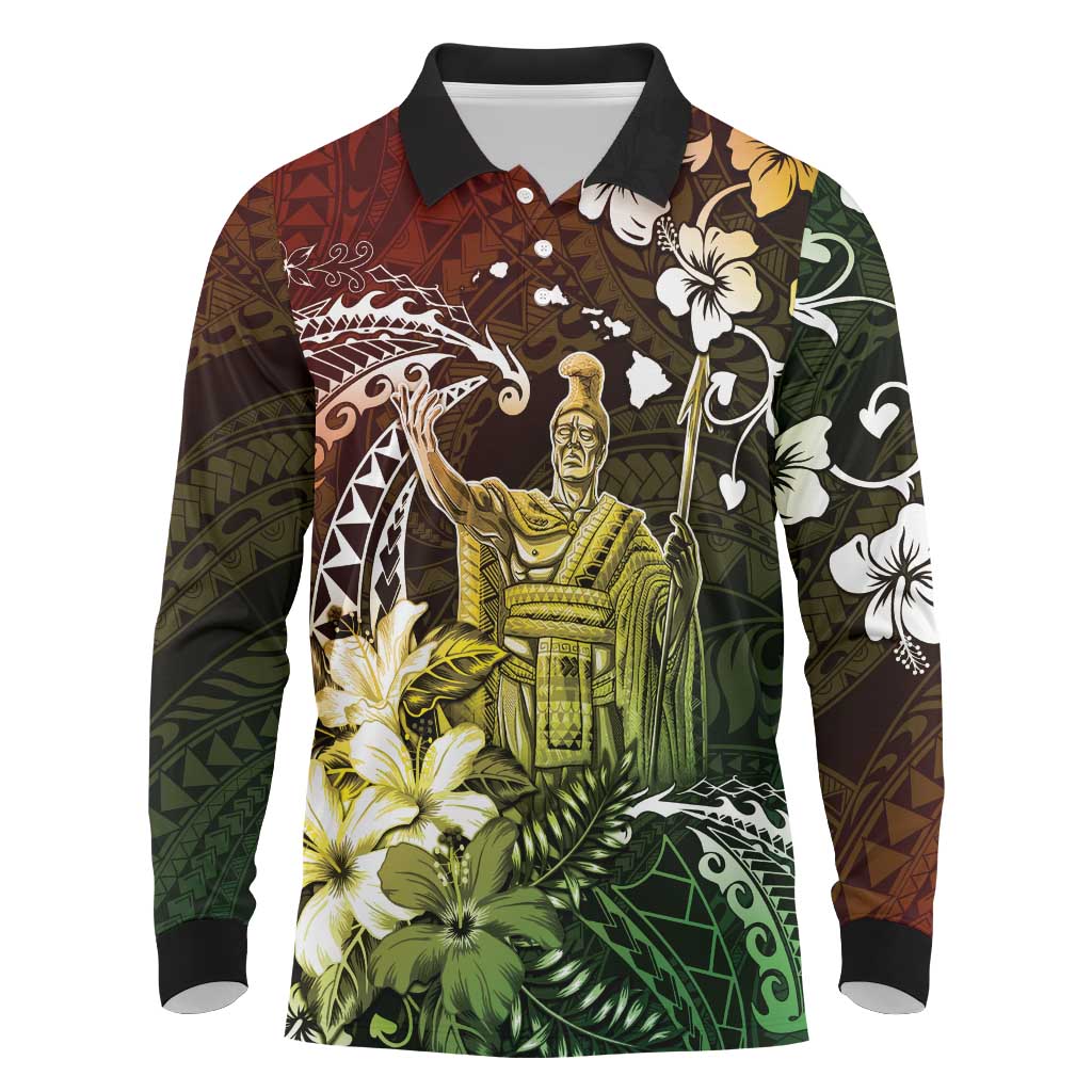 Hawaii King Kamehameha Day Long Sleeve Polo Shirt Polynesian Pattern Mix Hibiscus Reggae LT05 Reggae - Polynesian Pride