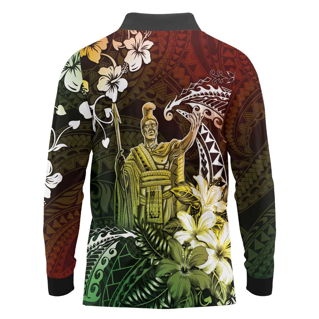 Hawaii King Kamehameha Day Long Sleeve Polo Shirt Polynesian Pattern Mix Hibiscus Reggae LT05 - Polynesian Pride