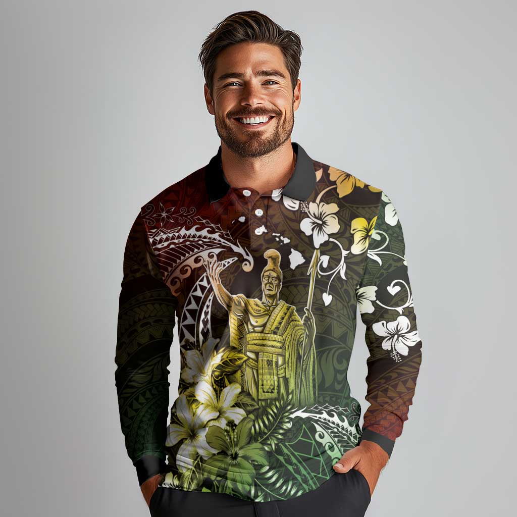 Hawaii King Kamehameha Day Long Sleeve Polo Shirt Polynesian Pattern Mix Hibiscus Reggae LT05 - Polynesian Pride