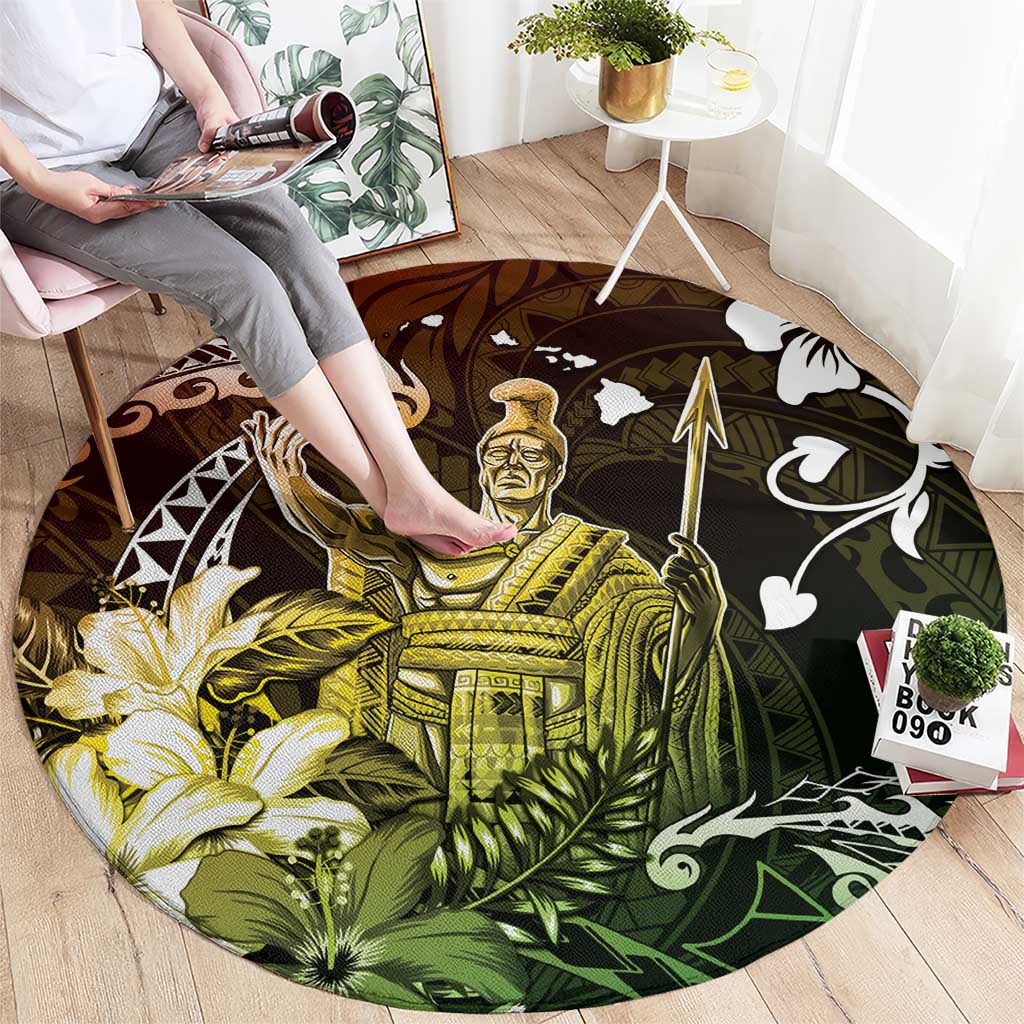 Hawaii King Kamehameha Day Round Carpet Polynesian Pattern Mix Hibiscus Reggae