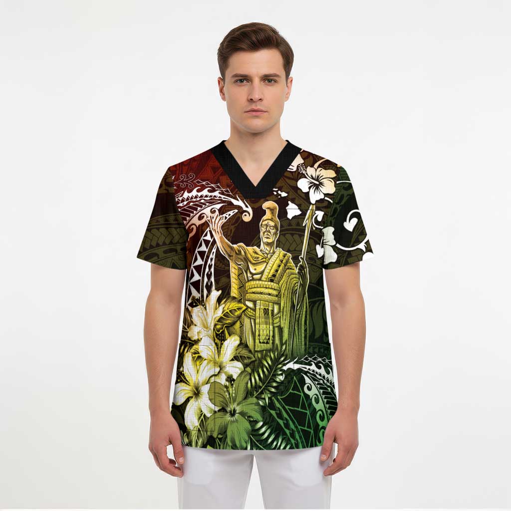 Hawaii King Kamehameha Day Scrub Top Polynesian Pattern Mix Hibiscus Reggae - Polynesian Pride