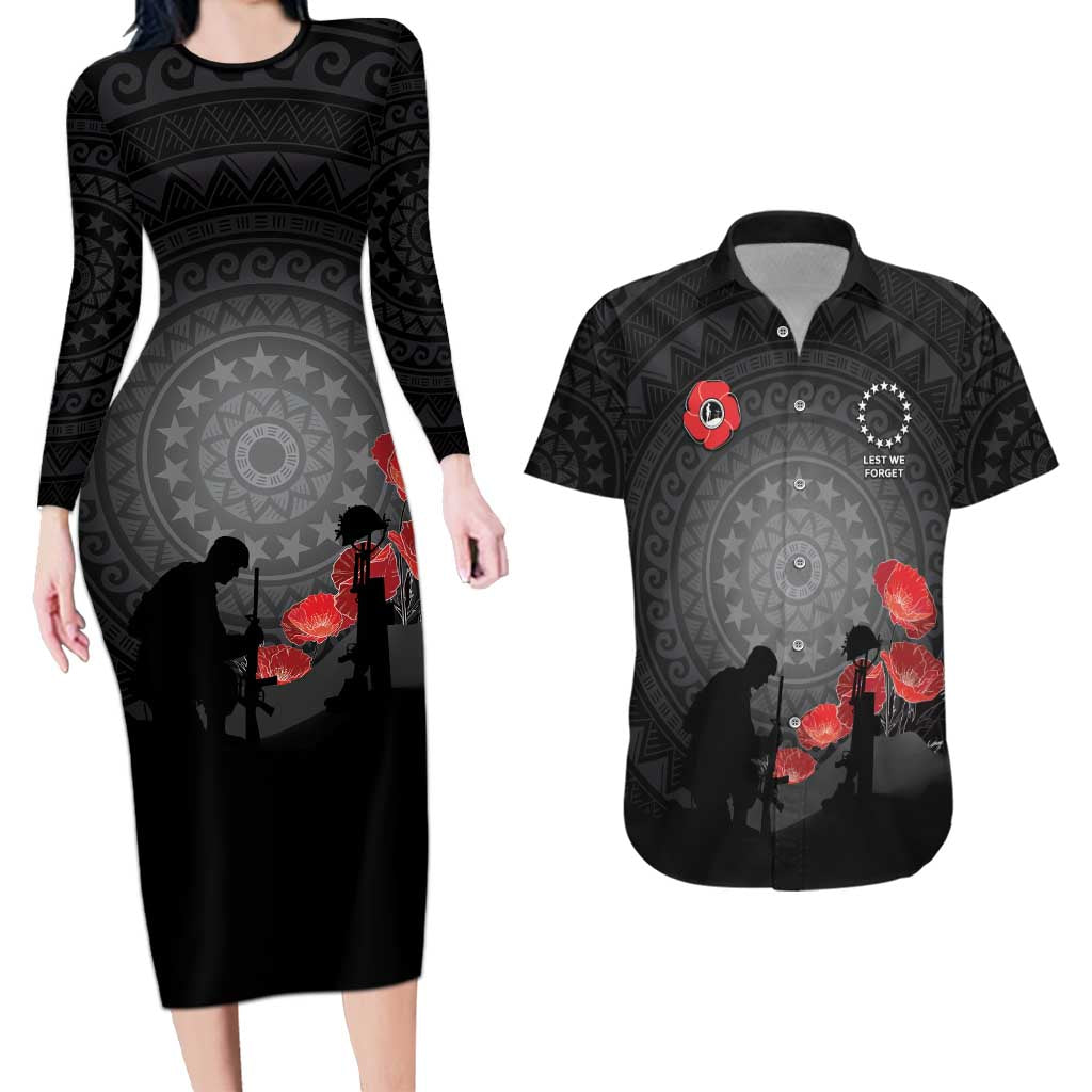 Cook Islands ANZAC Day Couples Matching Long Sleeve Bodycon Dress and Hawaiian Shirt Soldier Silhouette Remembrance