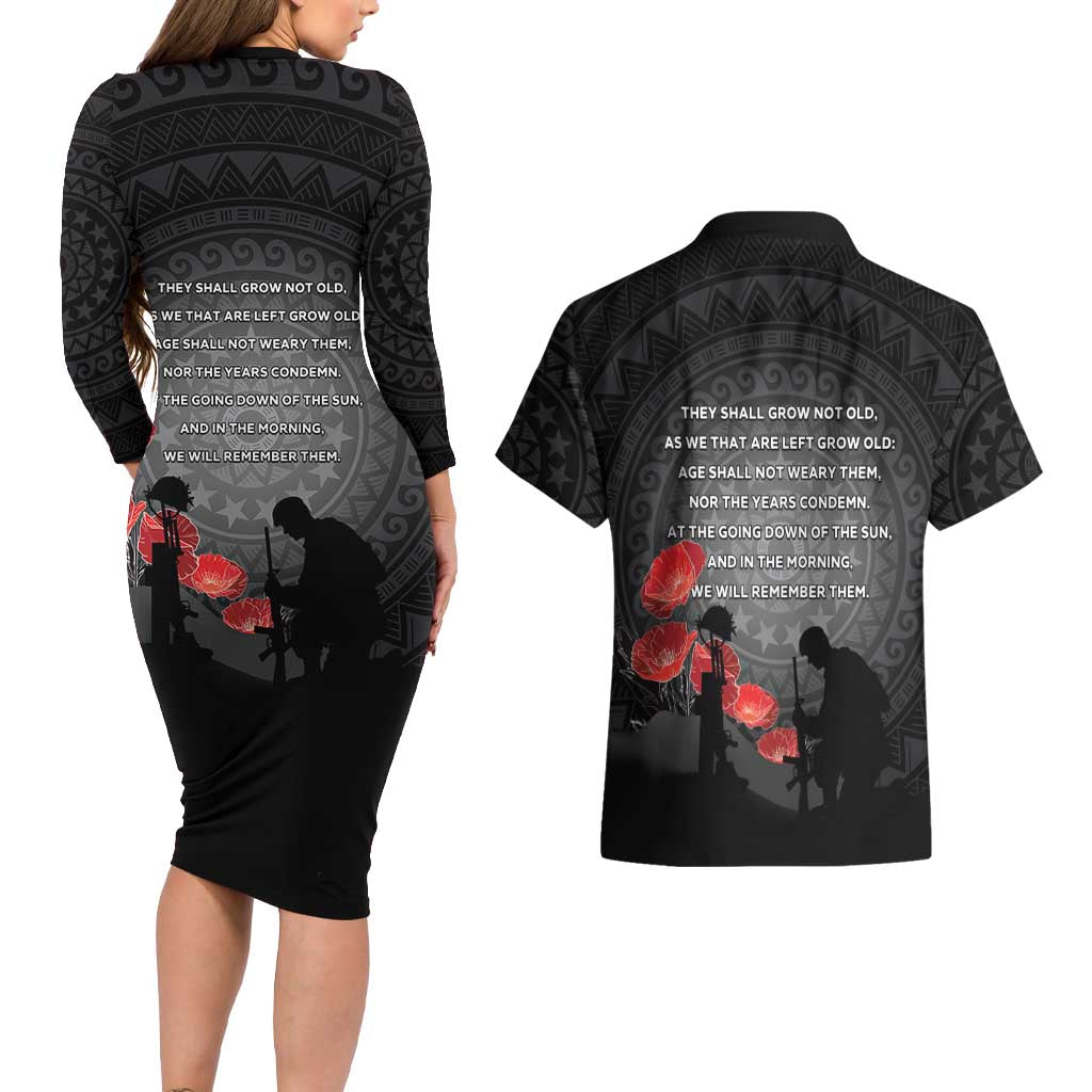 Cook Islands ANZAC Day Couples Matching Long Sleeve Bodycon Dress and Hawaiian Shirt Soldier Silhouette Remembrance