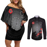 Cook Islands ANZAC Day Couples Matching Off Shoulder Short Dress and Long Sleeve Button Shirt Soldier Silhouette Remembrance