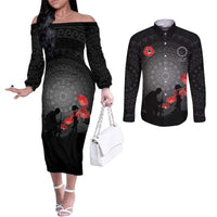 Cook Islands ANZAC Day Couples Matching Off The Shoulder Long Sleeve Dress and Long Sleeve Button Shirt Soldier Silhouette Remembrance