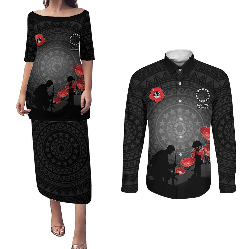 Cook Islands ANZAC Day Couples Matching Puletasi and Long Sleeve Button Shirt Soldier Silhouette Remembrance