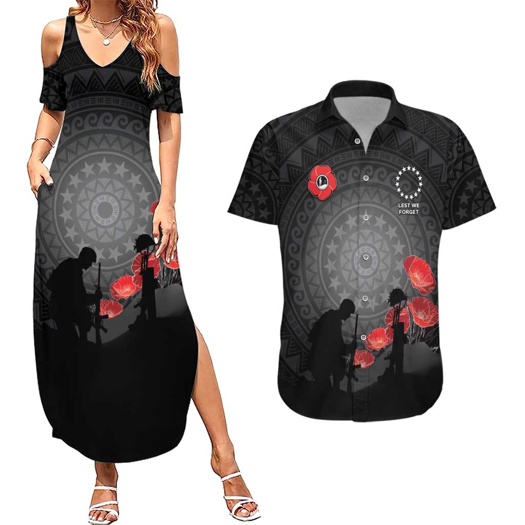 Cook Islands ANZAC Day Couples Matching Summer Maxi Dress and Hawaiian Shirt Soldier Silhouette Remembrance