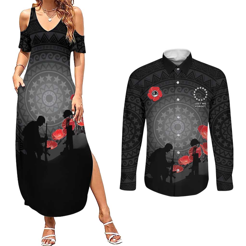 Cook Islands ANZAC Day Couples Matching Summer Maxi Dress and Long Sleeve Button Shirt Soldier Silhouette Remembrance
