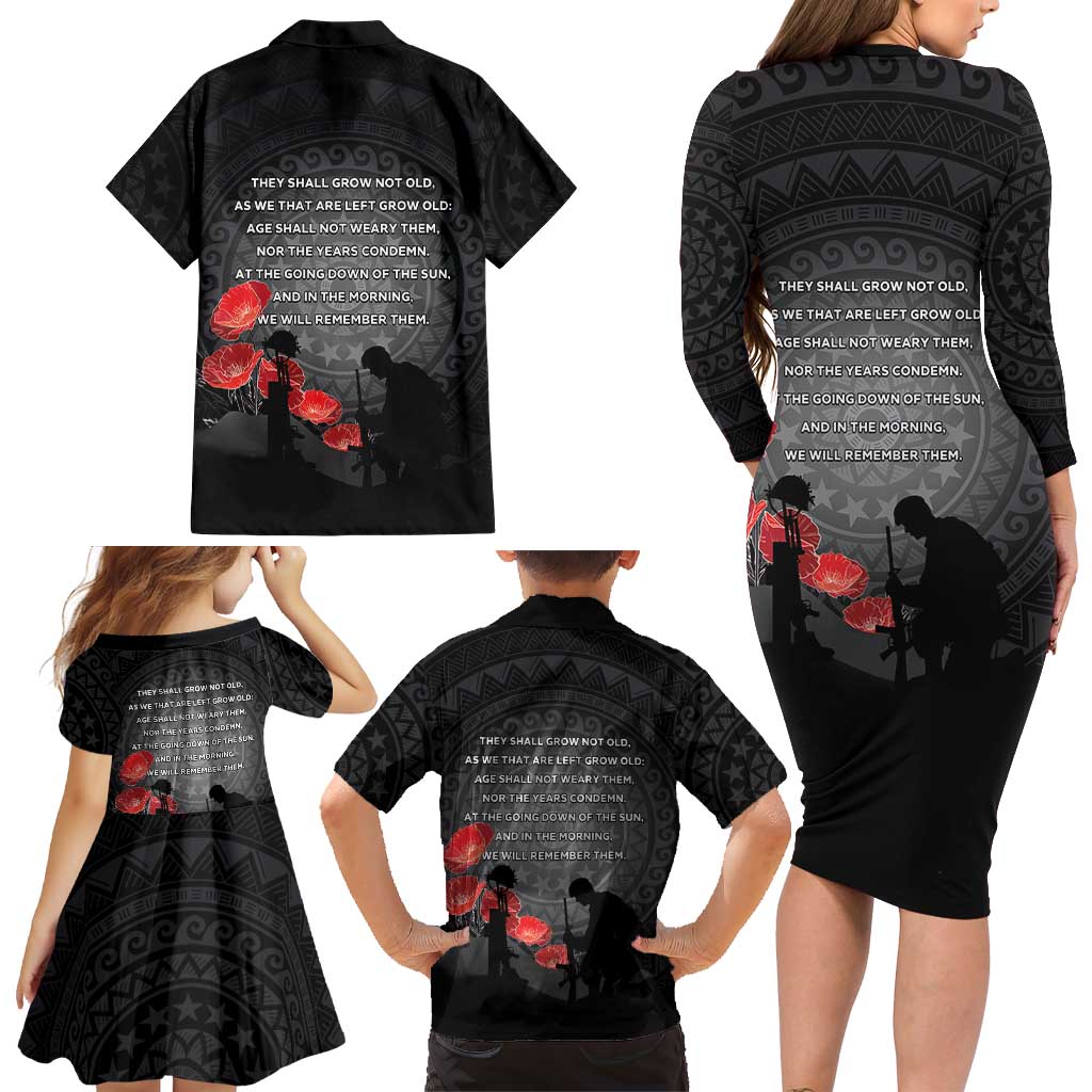 Cook Islands ANZAC Day Family Matching Long Sleeve Bodycon Dress and Hawaiian Shirt Soldier Silhouette Remembrance LT05 - Polynesian Pride