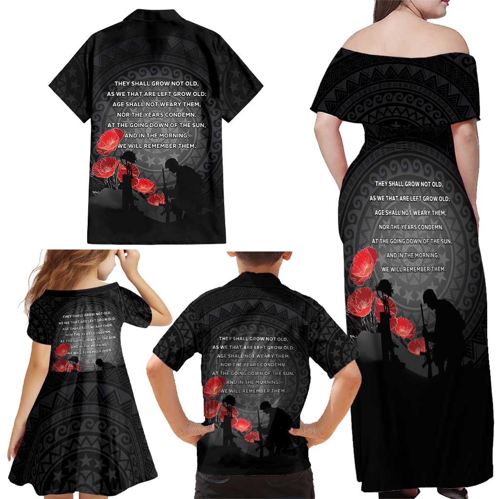 Cook Islands ANZAC Day Family Matching Off Shoulder Maxi Dress and Hawaiian Shirt Soldier Silhouette Remembrance LT05 - Polynesian Pride