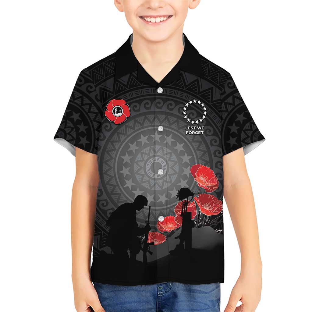 Cook Islands ANZAC Day Family Matching Off Shoulder Short Dress and Hawaiian Shirt Soldier Silhouette Remembrance LT05 Son's Shirt Black - Polynesian Pride