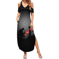 Cook Islands ANZAC Day Family Matching Summer Maxi Dress and Hawaiian Shirt Soldier Silhouette Remembrance LT05 Mom's Dress Black - Polynesian Pride